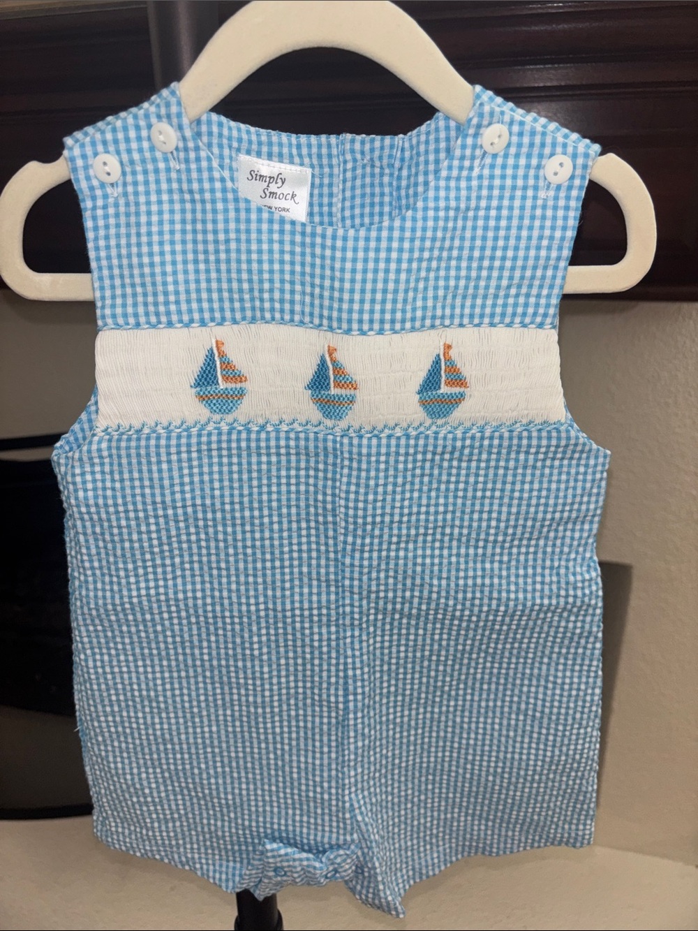 New Kids Blue Gingham Smocked Sailboat One-Piece Bodysuit